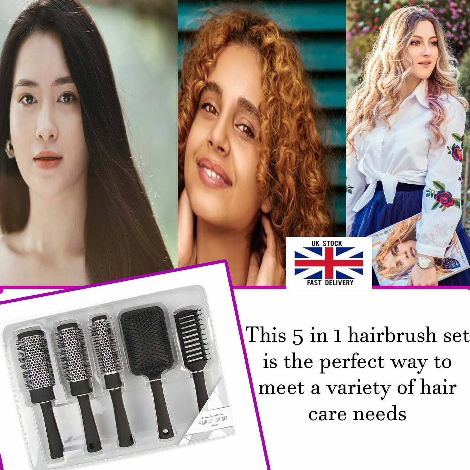 5Pc Hair Brush Set Women Hair Dressing Styling Paddle Barrel Brush- Best Gift