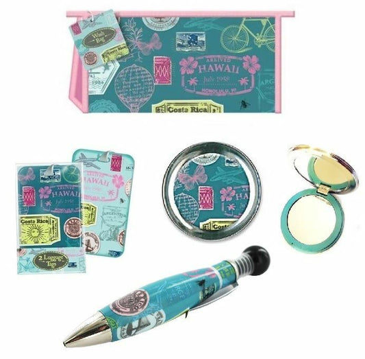 Stamp Design Travel Set Luggage Tags Pocket Mirror Cosmetic Case Jumbo Pen Gift